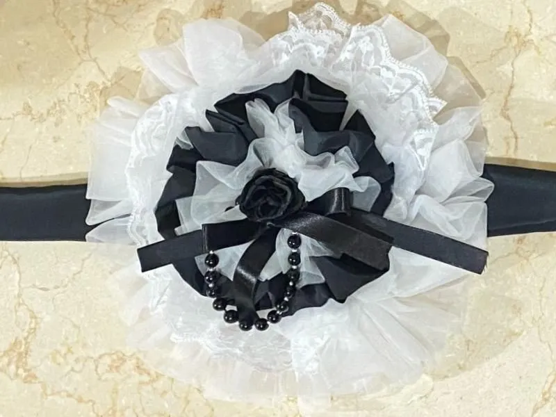 [大理石]浪漫帽子與大理石珍珠：黑色X黑色玫瑰X白色褶皺X白色蕾絲X黑色珍珠