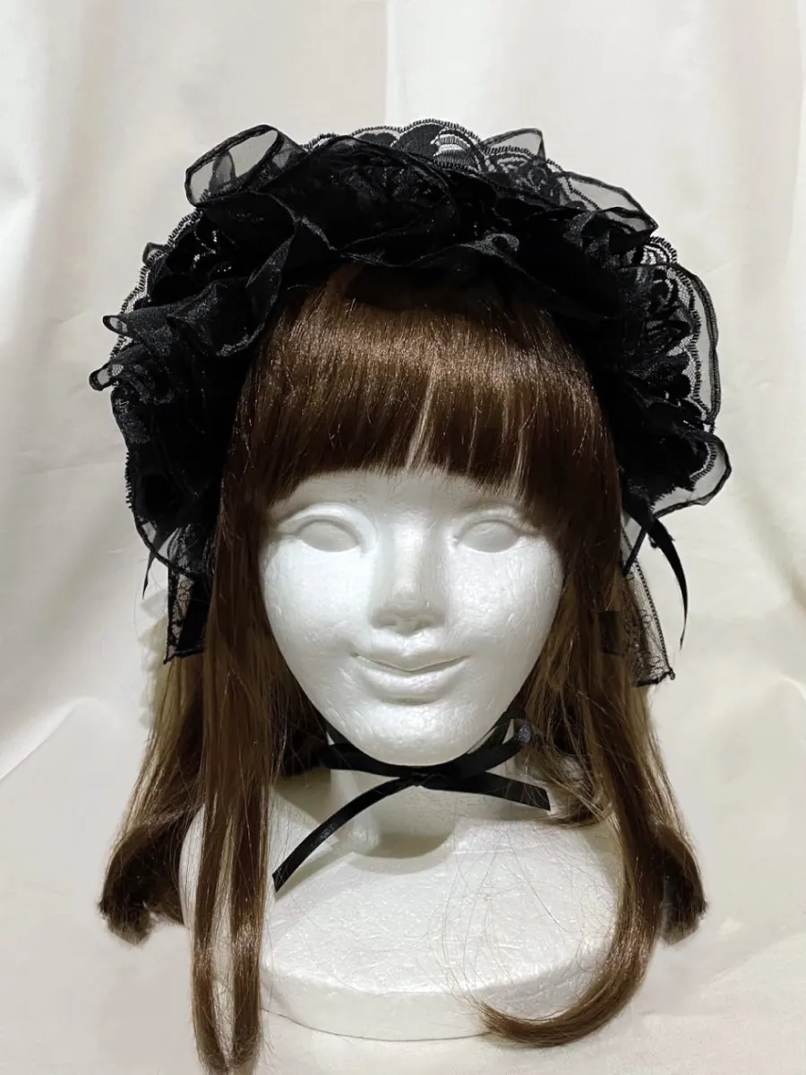 【MARBLE】マーブル　バラ付きボリュームヘッドドレス：黒(ハリがある生地)×黒レース×黒バラ