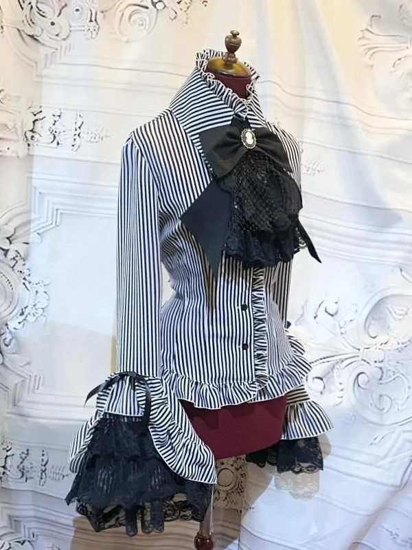 [Marble] Blouse de décoration classique en marbre avec cravate séparée: Black Stripe x Black x White Race