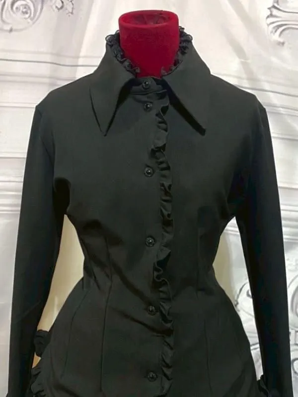 [Mármol] Marble Gótico Elegancia Asimétrica Conjunto de vestimenta de ángel caída: Velor negro x Ruffles de encaje negro x Cameo de oro antiguo