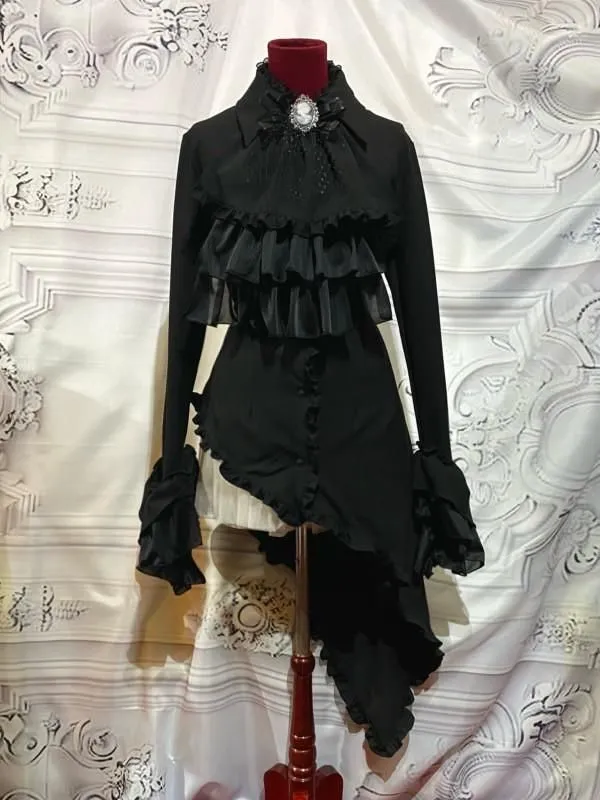 [Mármol] Marble Gótico Elegancia Asimétrica Conjunto de vestimenta de ángel caída: Velor negro x Ruffles de encaje negro x Cameo de oro antiguo