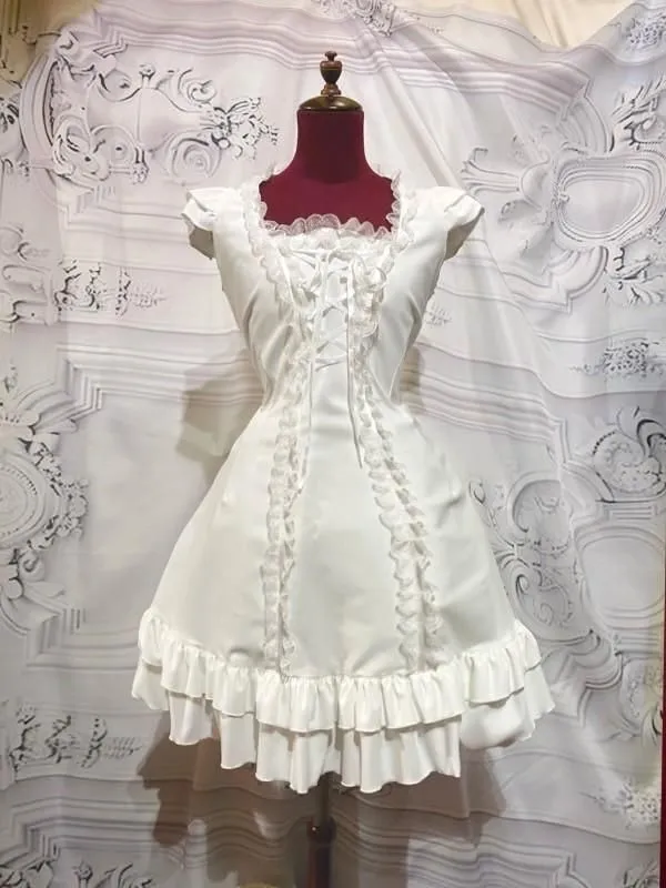[Marble] Robe de tricot à manches à manches en marbre: Blanc x dentelle noire