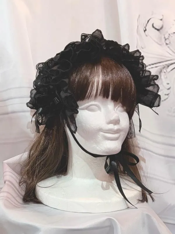 【MARBLE】マーブル　バラ付きボリュームヘッドドレス：黒(やわらかい生地)×黒レース×黒バラ