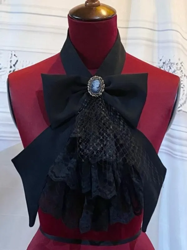 【MARBLE】마블 카메오 첨부 총 레이스 타이：흑×흑 레이스×그레이 카메오