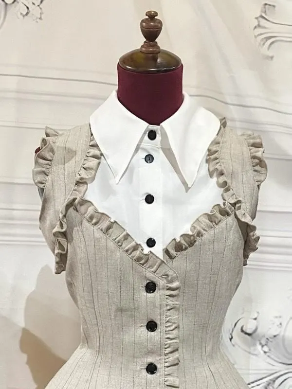 [Mármol] Vestido plisado de caja de estilo de mármol con blusa de corbata: franja negra x blanco x corbata negra