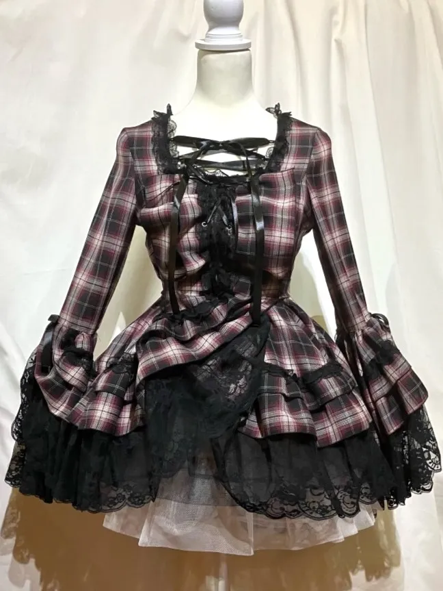 【MARBLE】マーブル　編み上げ総フリルドレスワンピース:黒赤チェック×黒レース