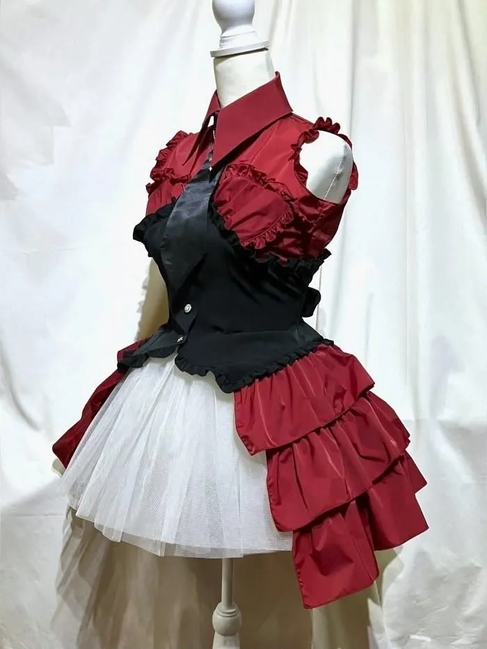 [MARBLE] Marble Cross Motife Tie Bustier Corset -like Blouse Dress: Black x Black x White Gothic Pattern Thailand