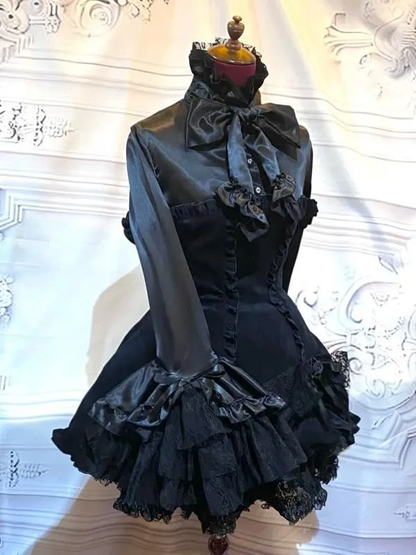 【MARBLE】マーブル　ブラウス付き風ワンピース+ボリュームリボンフリルスカート+リボンコサージュ：黒×黒ベロア(スカート：黒レース×黒)