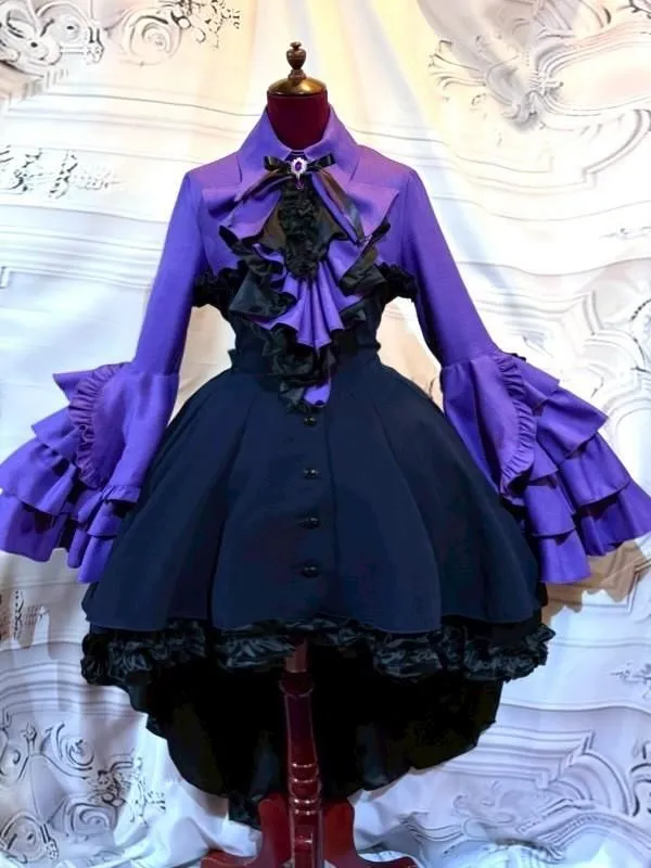 【MARBLE】マーブル　ドレープタイ付きゴシックエレガンスブラウスワンピース：紫×濃紺