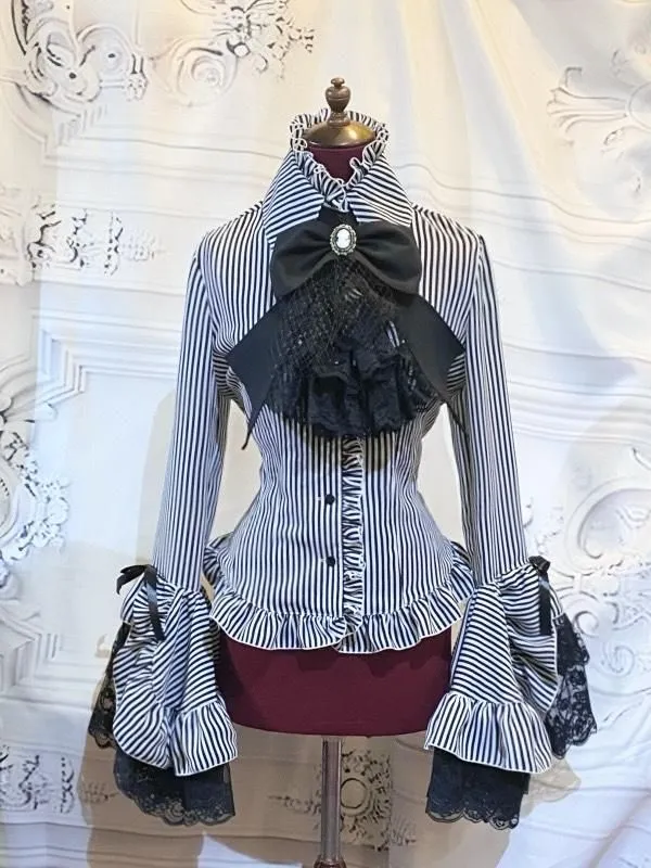 [Marble] Blouse de décoration classique en marbre avec cravate séparée: Black Stripe x Black x White Race