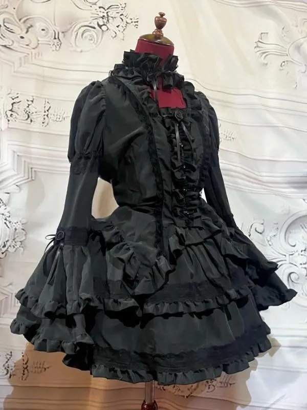 [Marble] Blouse à manches bouffantes de style tour en marbre + Jupe à plusieurs niveaux de la décoration en dentelle contenant Puji: Black x Black Lace