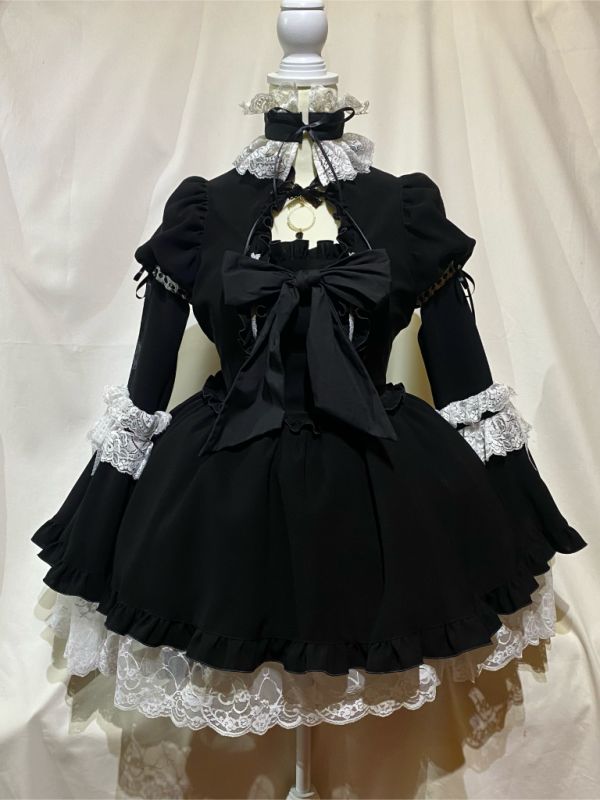 [Marmor] Victorian Kleid mit Halsbuhlband: Schwarz und Weiß