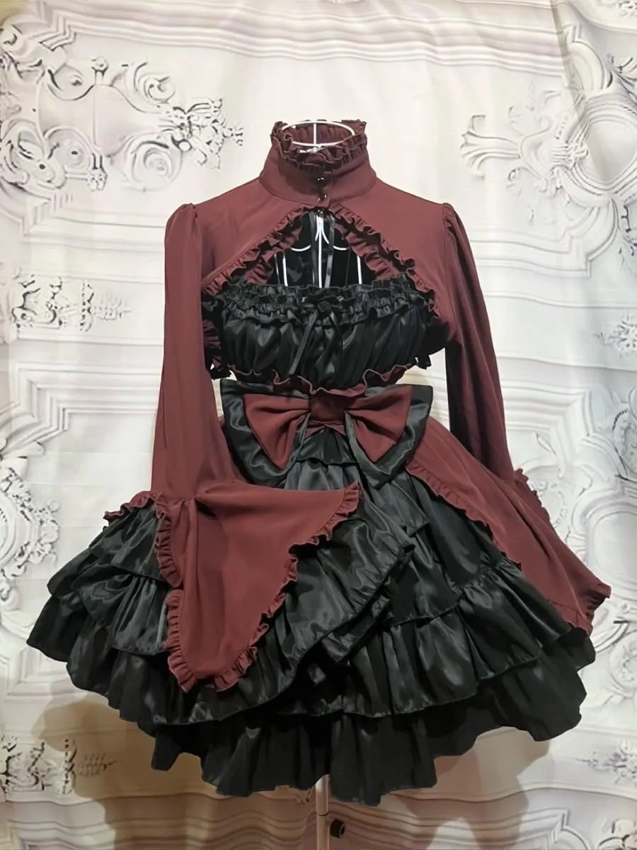 MARBLE】マーブル 配色切り替えデコラティブワンピース：えんじ