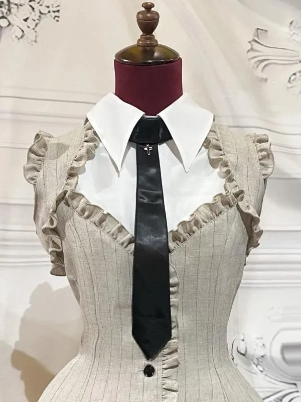 [Mármol] Vestido plisado de caja de estilo de mármol con blusa de corbata: franja negra x blanco x corbata negra