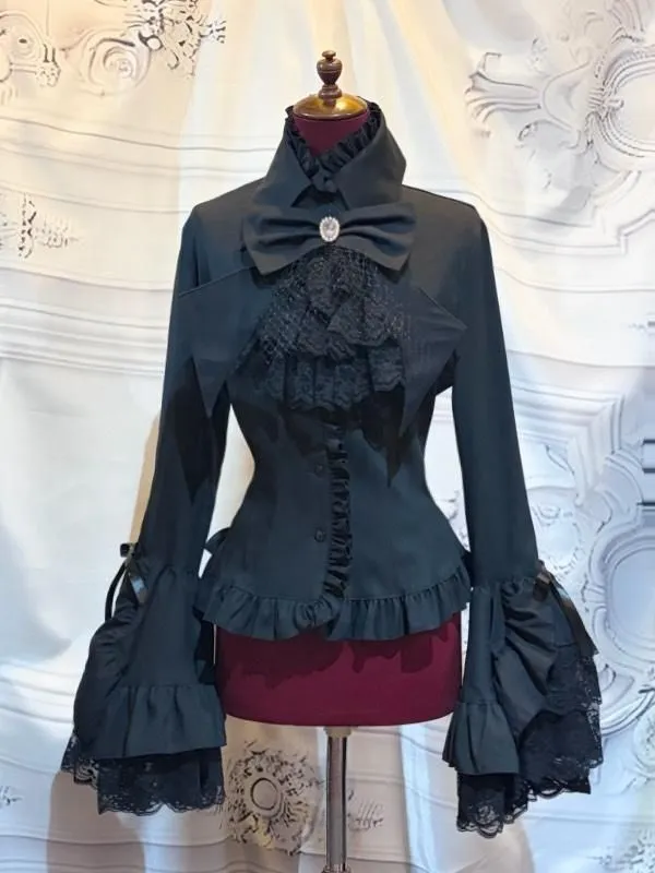 [MARBLE] Marble Classical Decoration Blouse with Separate Tie: Black x Black Stripe x Black Lace