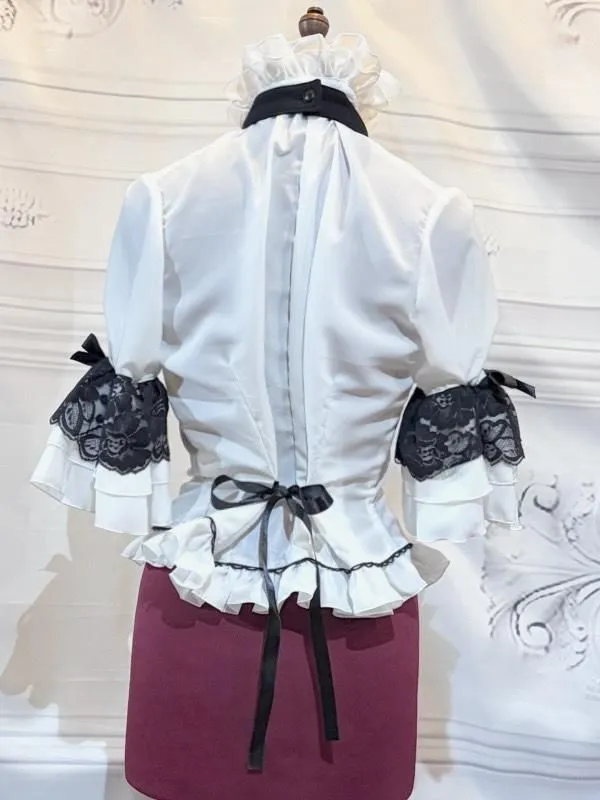 [MARBLE] Marble pearl decoration classic blouse with cameo tie: white x black lace