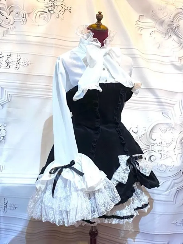 【MARBLE】マーブル　ブラウス付き風ワンピース+ボリュームリボンフリルスカート+リボンコサージュ：白×黒ベロア(スカート：白レース×黒)