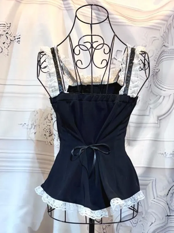 [MARBRE] Camisole à volants sur la poitrine en marbre : dentelle noire x blanche [taille L]