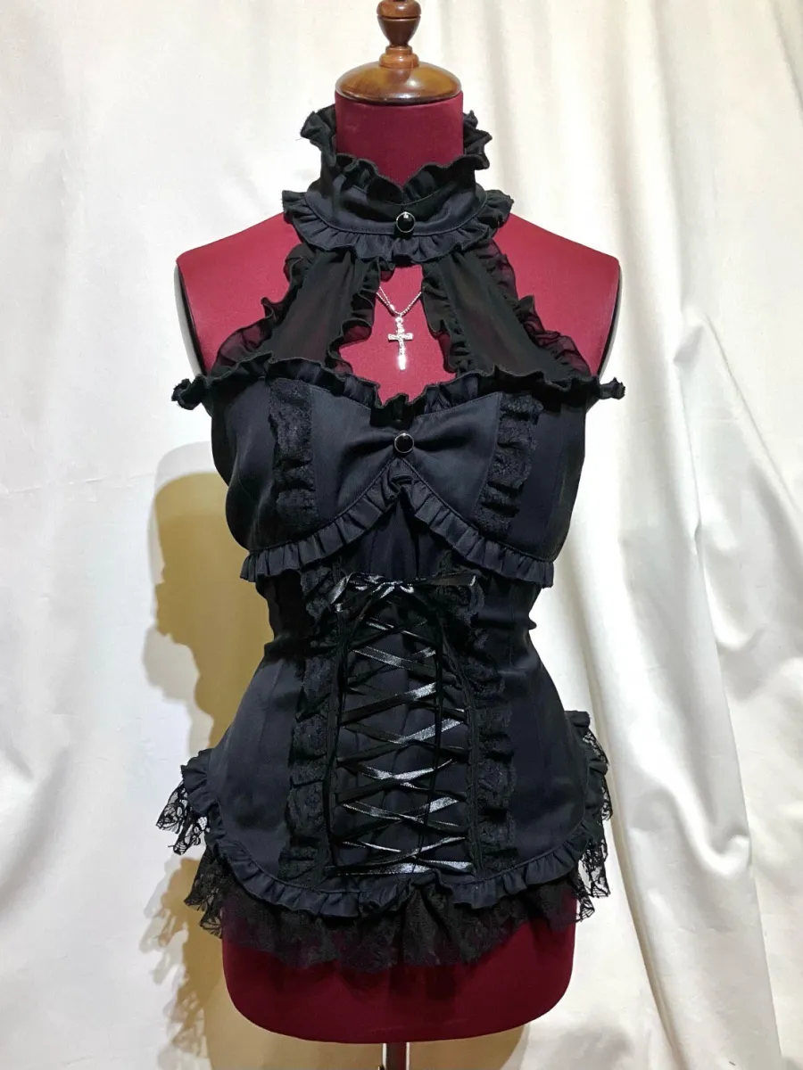 【MARBLE】マーブル アクセサリー付き編み上げビスチェ：黒×黒