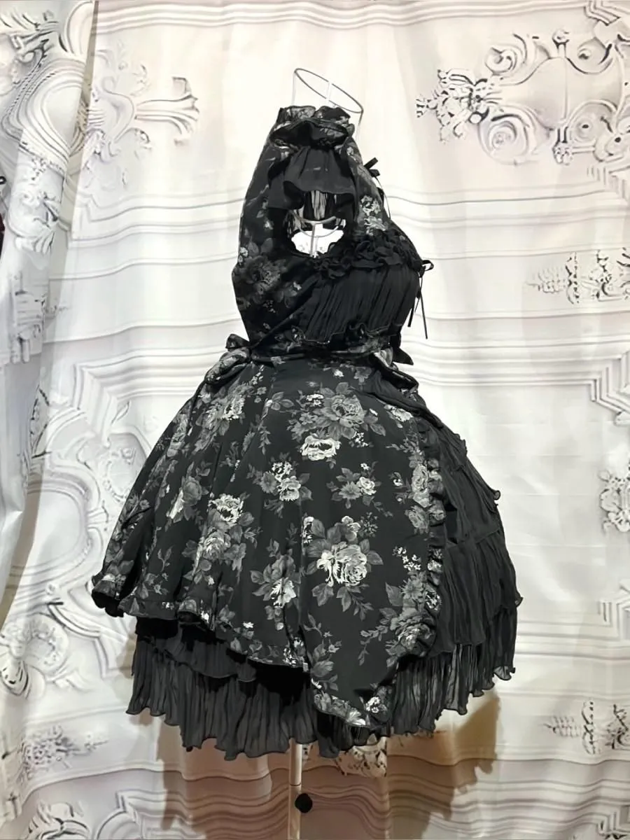 [Marmor] Marmor-Farbstil Bolero mit farbig dekorativem Kleid: Graues Rosenmusterkleid