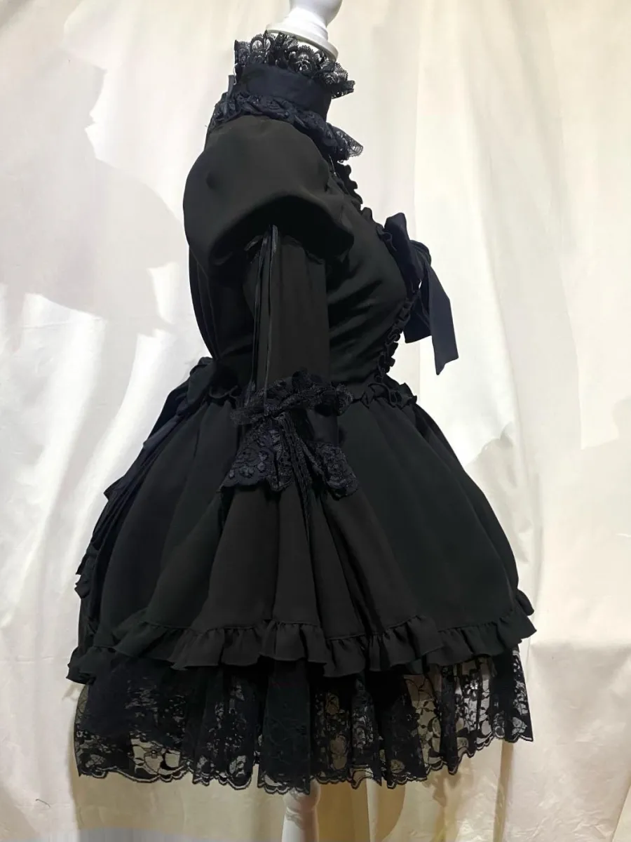 [MARBLE] Victorian dress with choker bustle ribbon: Black L size