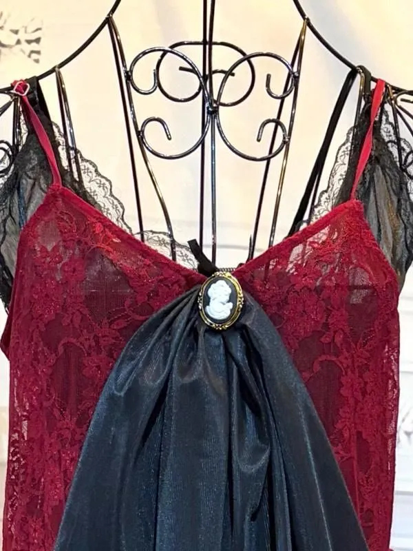 [MARBLE] Marble frilled lace long dress with inner cami dress: red lace