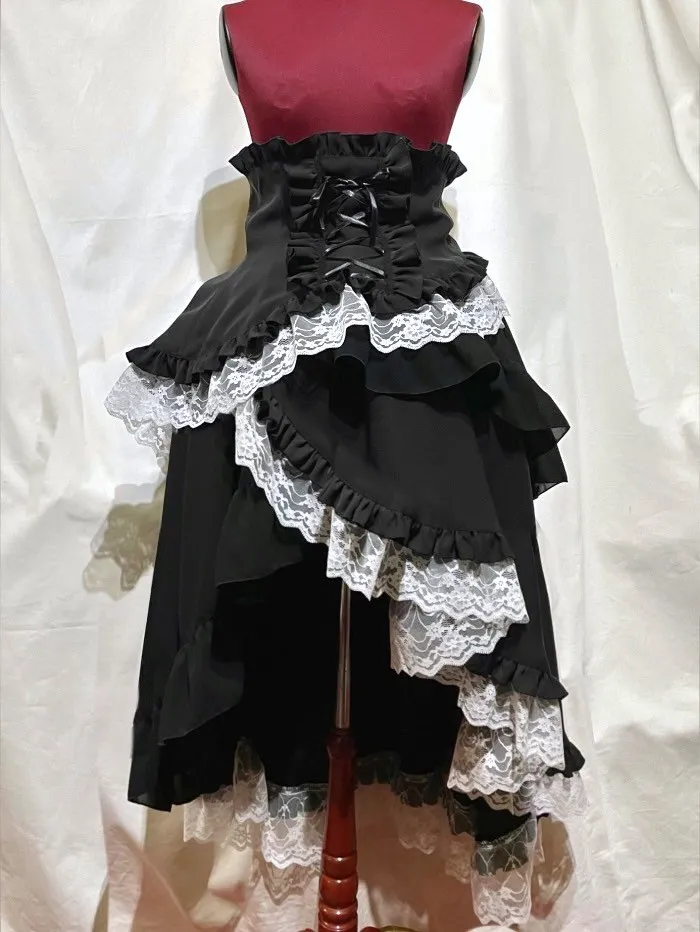 [大理石]带有大理石紧身胸衣螺旋长褶皱裙子的不同材料：白色X白色蕾丝