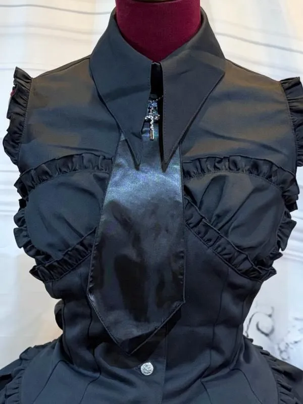 [Marbre] Robe de chemisier de style marbre à bustier en marbre avec croix de motif: Stripe noire et blanc x noir x noire cravate
