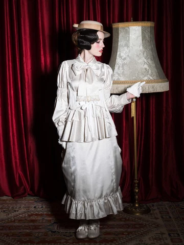 【Victorian maiden】ヴィクトリアンメイデン　★ご予約受付中★  シャイニーストライプラッフルフリルバッスルスカート　ベージュ/グレージュ/ブラック
