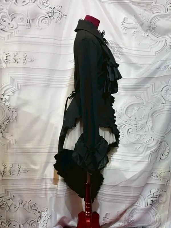 [Mármol] Marble Gótico Elegancia Asimétrica Conjunto de vestimenta de ángel caída: Velor negro x Ruffles de encaje negro x Cameo de oro antiguo