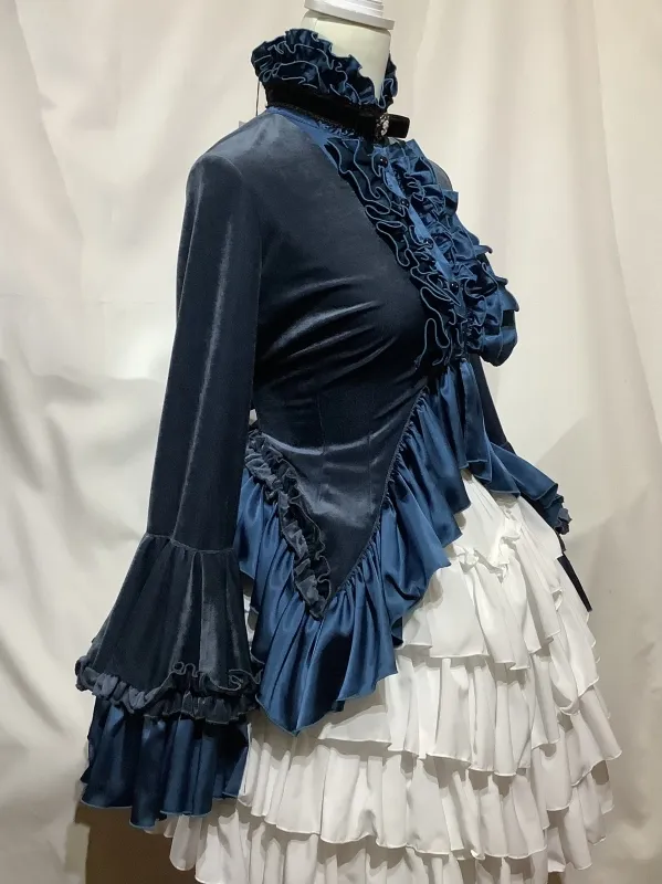 【MARBLE】マーブル　別カメオタイ付きブラウス付き風フリルカーディガン：青ベロア