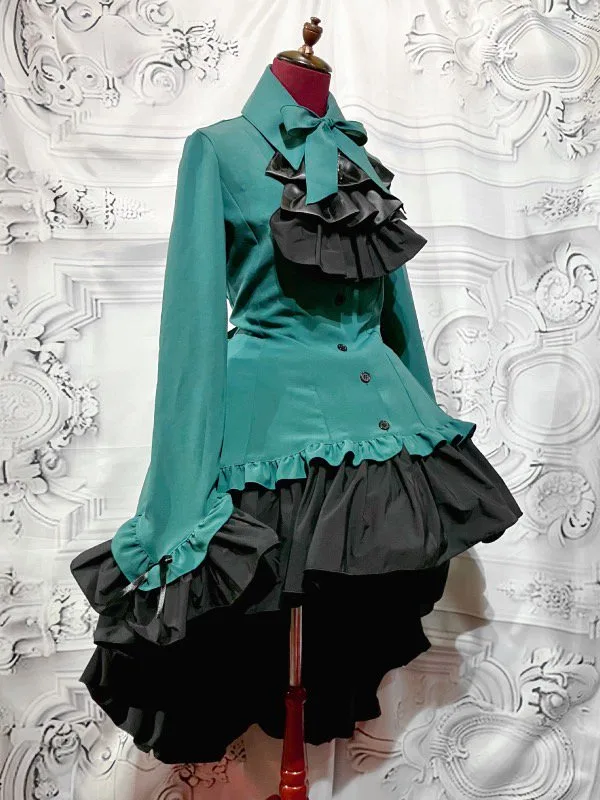 [Marble] Marble Gothic Diamond Cut Thai Blouse type dress: Blue Green x Kuroishi