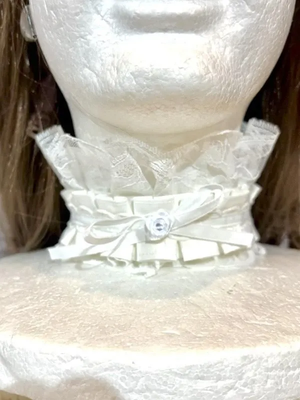 【MARBLE】マーブル　２WAYサテンバラ付きタックプリーツチョーカーorヘッドドレス：白×白レース