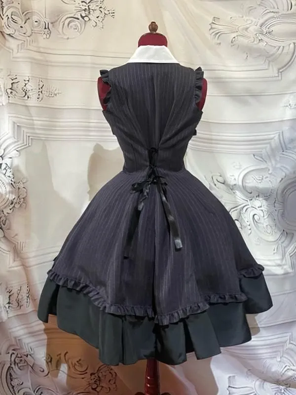 [Marble] Boîte de style marbre Robe plissée avec chemisier à cravate: Black Stripe x White x Black cravate