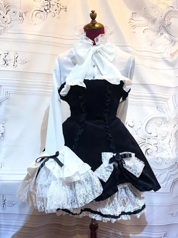 【MARBLE】マーブル　ブラウス付き風ワンピース+ボリュームリボンフリルスカート+リボンコサージュ：白×黒ベロア(スカート：白レース×黒)