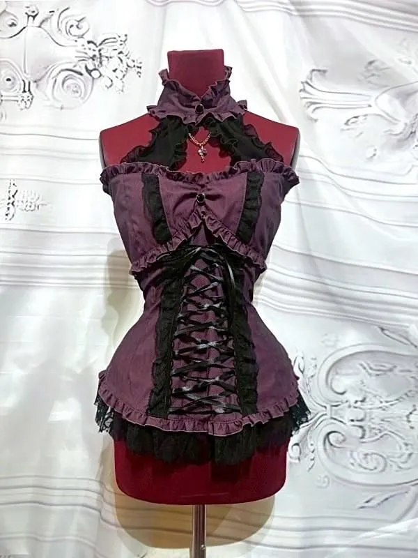 [대리석] 액세서리가있는 대리석 레이스 업 bustier : 보르도 패턴 x 블랙
