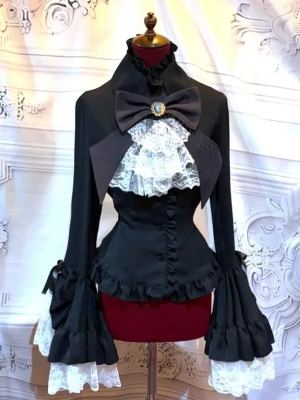 [MARBLE] Marble classical decoration blouse with separate tie: black stripe x black x white lace