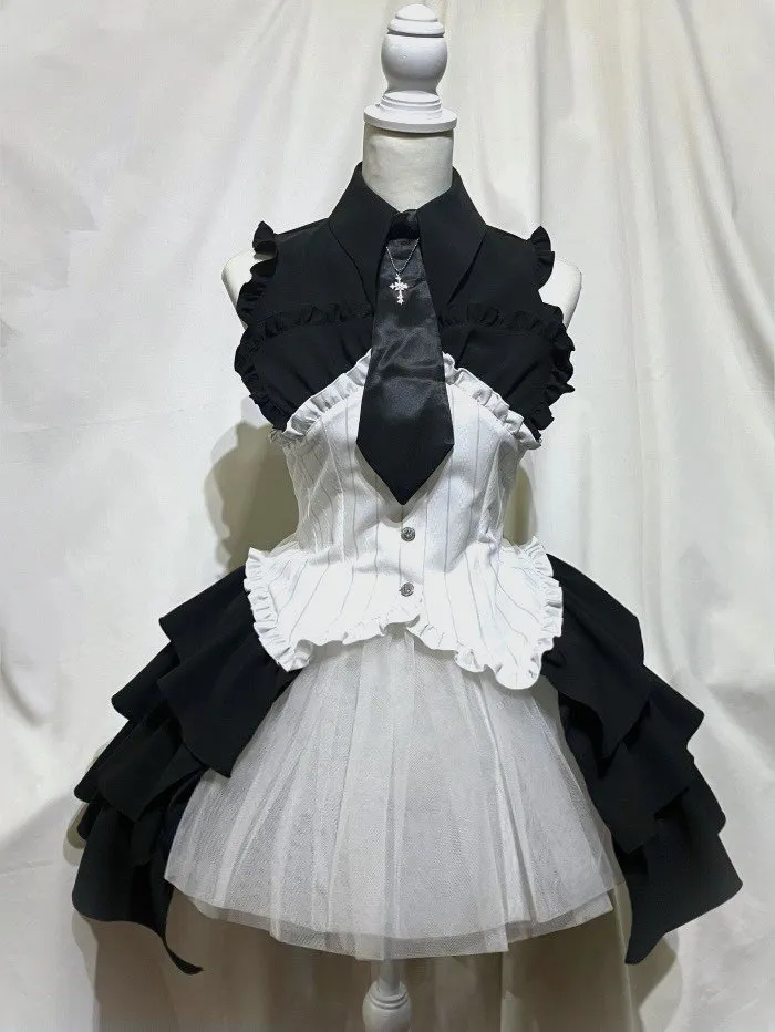 [대리석] 크로스 모티프 넥타이가있는 대리석 bustier 스타일의 코르셋 스타일 블라우스 드레스 : 흰색 x 블랙 스트라이프 x 검은 넥타이