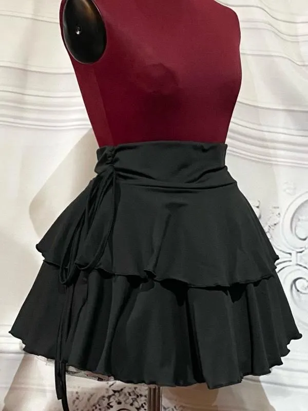 【MARBLE】マーブル　サイドギャザー2段フリルスカート：黒　