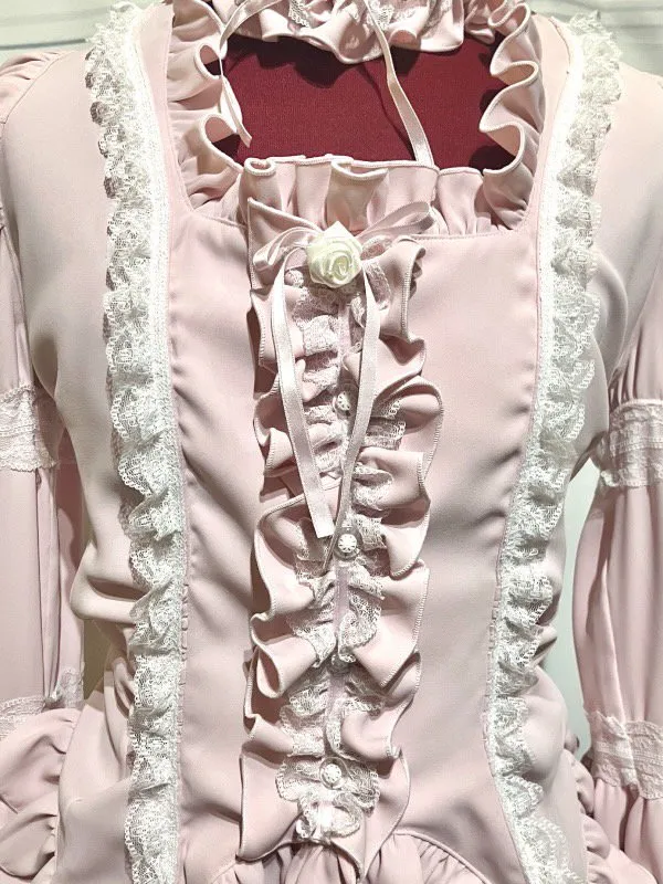 [大理石]大理石螺丝 - 风格的泡芙袖衬衫+puji-含式蕾丝装饰分层裙子：黑色X黑色蕾丝