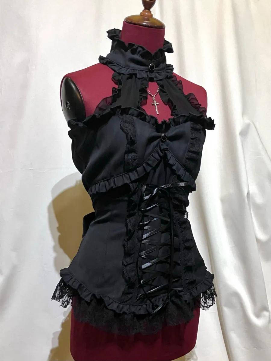 【MARBLE】マーブル アクセサリー付き編み上げビスチェ：黒×黒ストレッチ