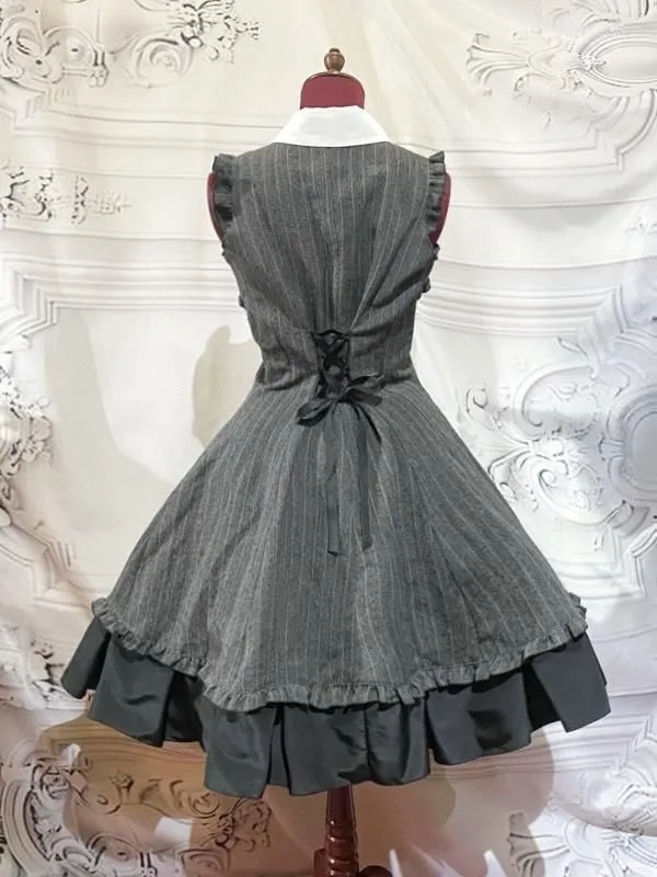 [Mármol] Vestido plisado de caja de estilo de mármol con blusa de corbata: franja negra x blanco x corbata negra