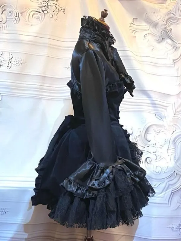 [MARBRE] Robe style marbré avec chemisier + jupe à volants ruban volume + corsage ruban : noir x velours noir (jupe : dentelle noire x noir)