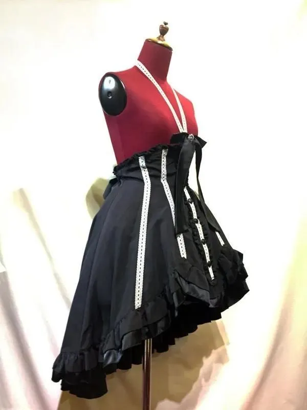 【MARBLE】マーブル　リボンコサージュ付き前開きハイウエストスカート：黒×白レース