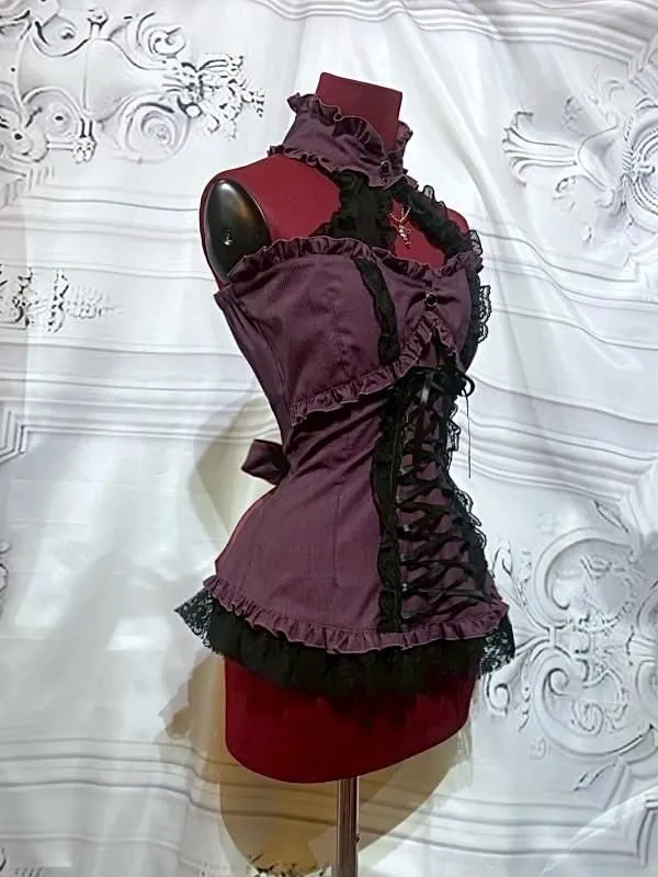 [대리석] 액세서리가있는 대리석 레이스 업 bustier : 보르도 패턴 x 블랙