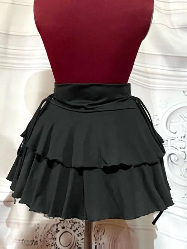 【MARBLE】マーブル　サイドギャザー2段フリルスカート：黒　