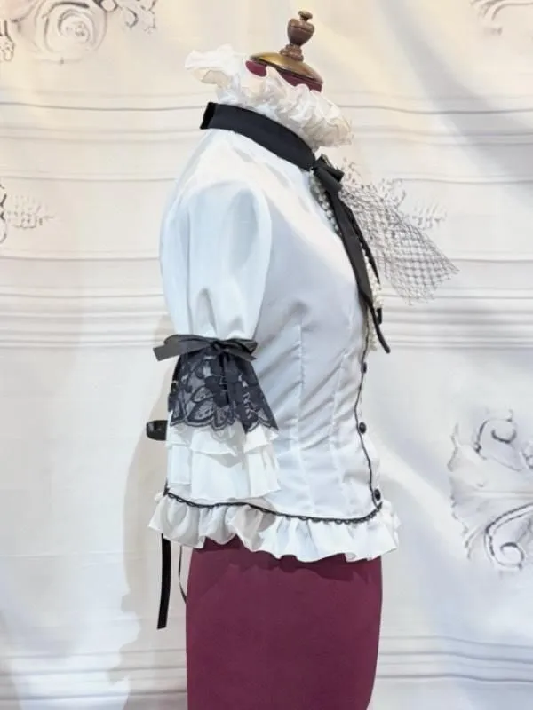 [MARBLE] Marble pearl decoration classic blouse with cameo tie: white x black lace
