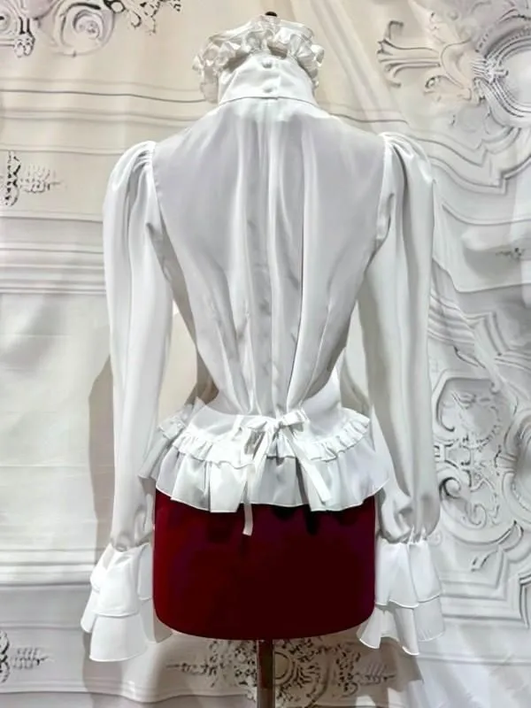 [Marmor] Ribbon Typhrill Bluse mit Marmor Bijou: Weiß ◆ L Größe ◆