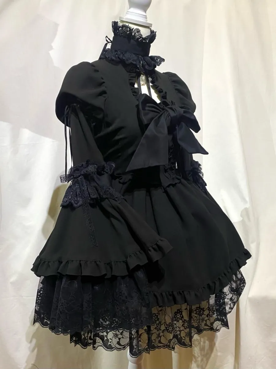 [MARBLE] Victorian dress with choker bustle ribbon: Black L size