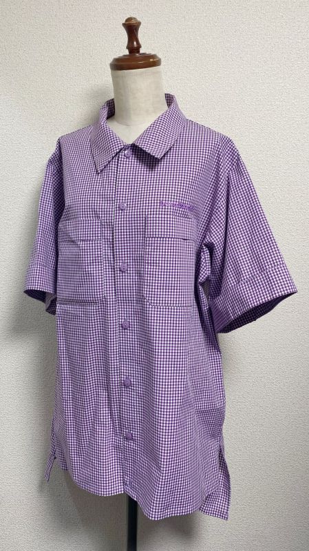 [물리적 드롭] 물리적 드롭 Summer Gingham 시리즈 남자 친구 작업 셔츠 [Purple Gingham x Purple Embroidery]